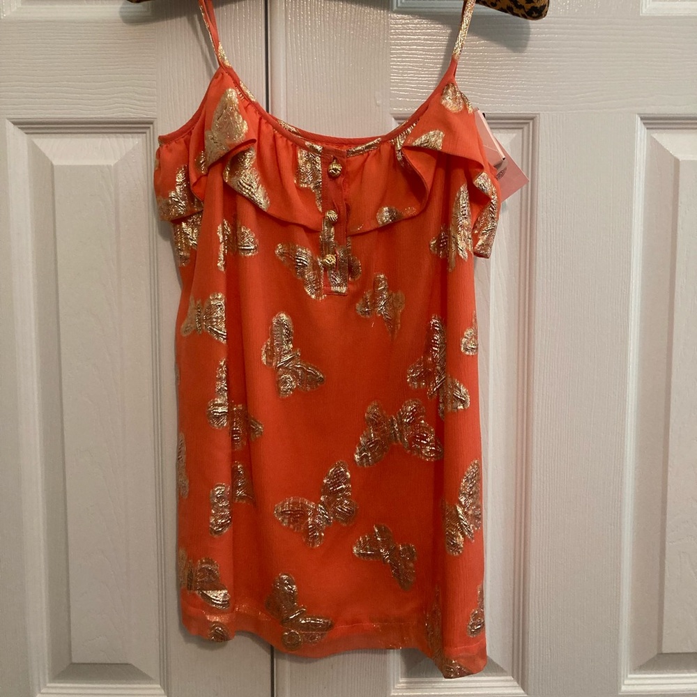 Juicy Couture Top Gold Sparkling Butterflies onTextured Orange Fabric Lined